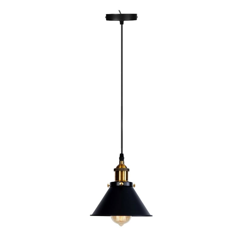 Industrial Vintage Retro Loft Metal Ceiling Pendant Lamp E27 Holder - Matte Black Finish, Brushed Brass Accents