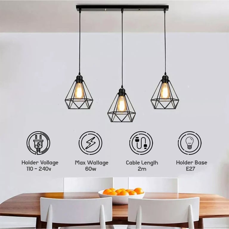 Retro Loft 3 Head Vintage Industrial Pendant Lamp Set - Modern Ceiling Light Fixture with Bulbs Included