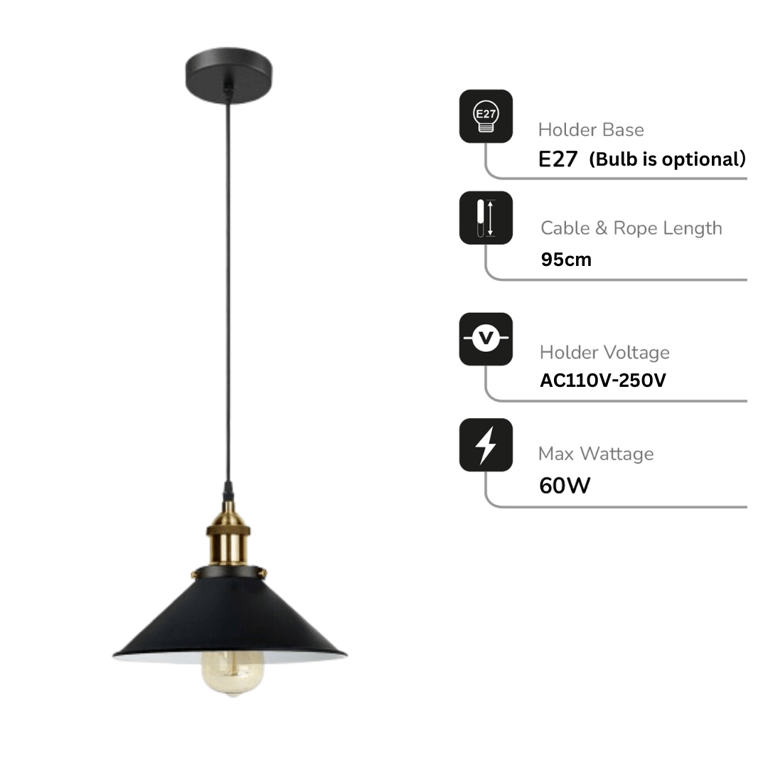 Vintage E27 Industrial Pendant Light Lampshade with Bulb Holder and Metal Construction