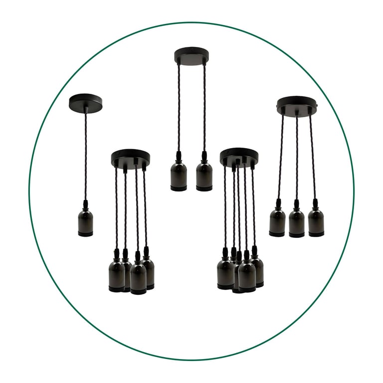Black Multi Outlet E27 Metal Vintage Hanging Ceiling Pendant Lights - Adjustable 95cm Wire & 12cm Diameter Rose