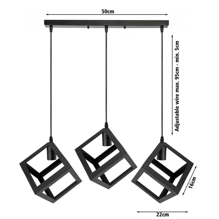 3 Cluster Retro Style Industrial Black Square Pendant Light
