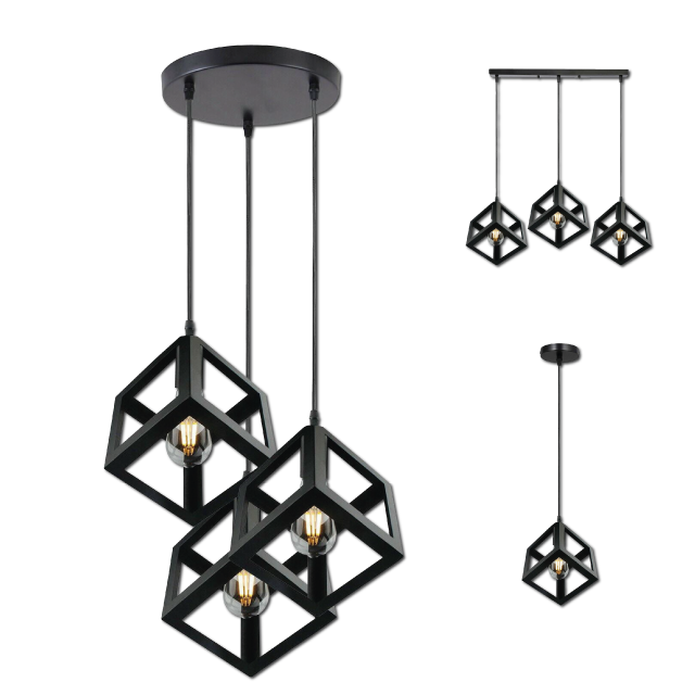 3 Cluster Retro Style Industrial Black Square Pendant Light