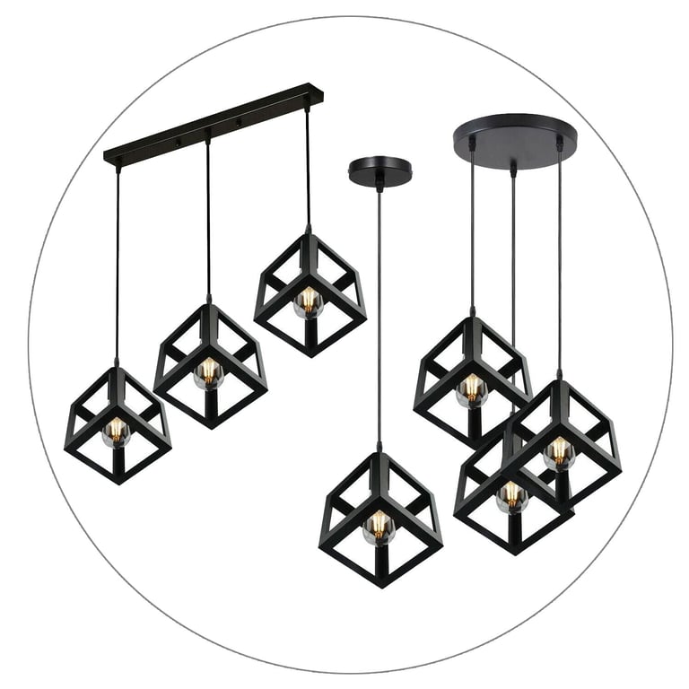 3 Cluster Retro Style Industrial Black Square Pendant Light