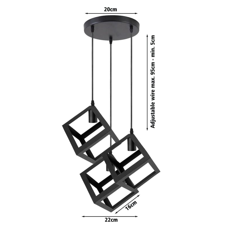 3 Cluster Retro Style Industrial Black Square Pendant Light