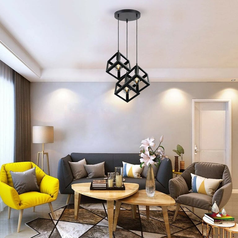 3 Cluster Retro Style Industrial Black Square Pendant Light