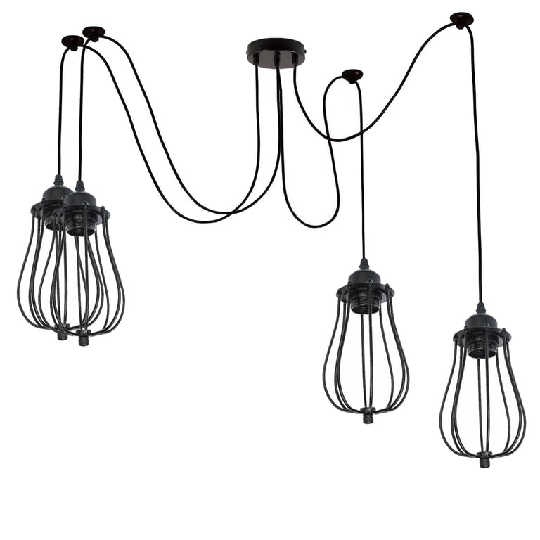Black 2m Industrial Pendant Light - Vintage Metal Wire Cage Retro Lighting