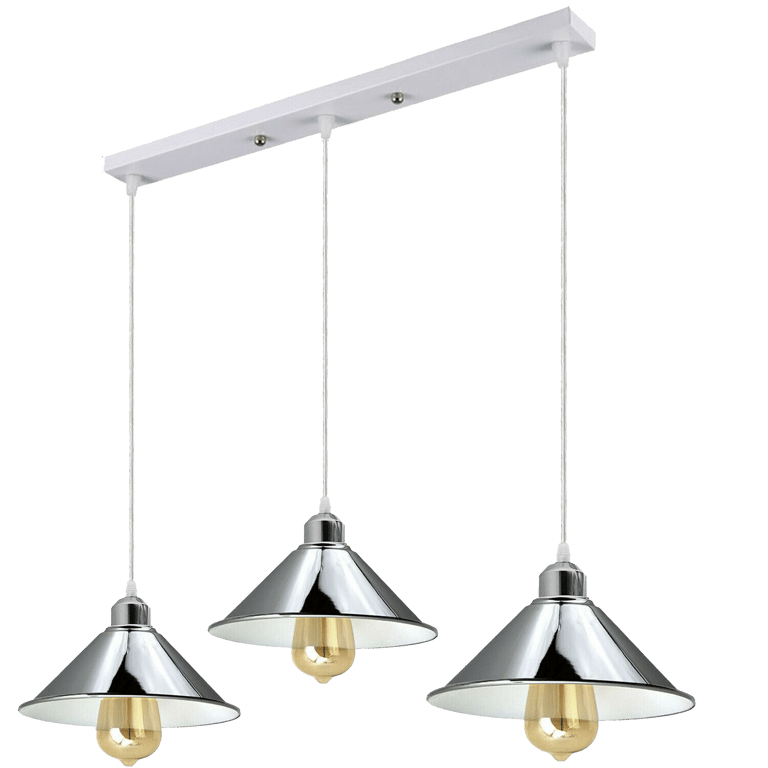 Modern Industrial Chrome 3 Way Ceiling Pendant Light - Metal Cone Shape Shade, E27 Lamp Base