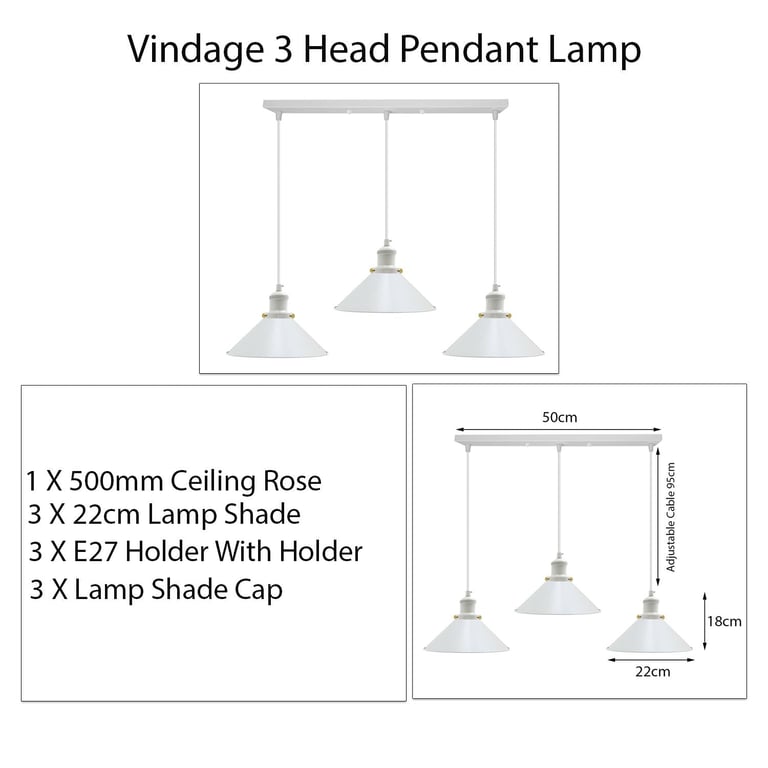 Vintage Industrial 3-Way Hanging Pendant Light - Warm White Cone Shade Home Decor Lighting