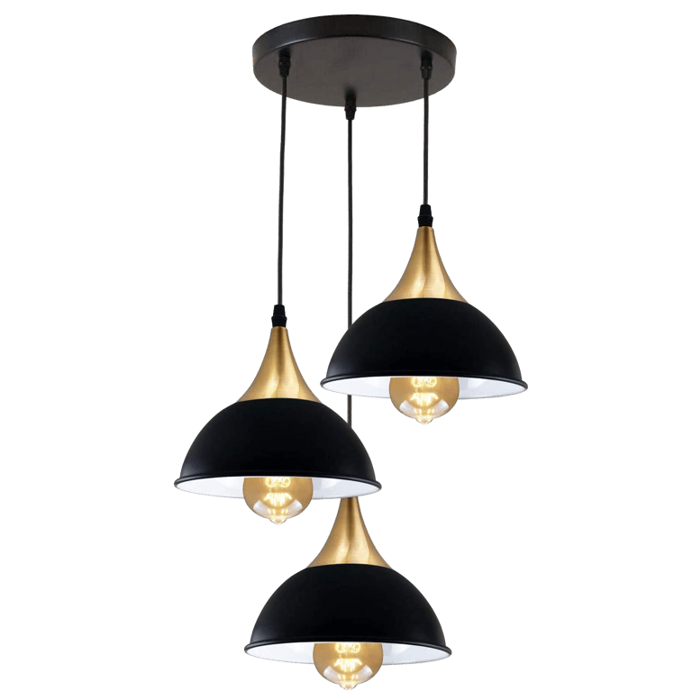 3Way Hanging Ceiling Pendant Light - Modern Black Dome Shade E27 Lamp Base
