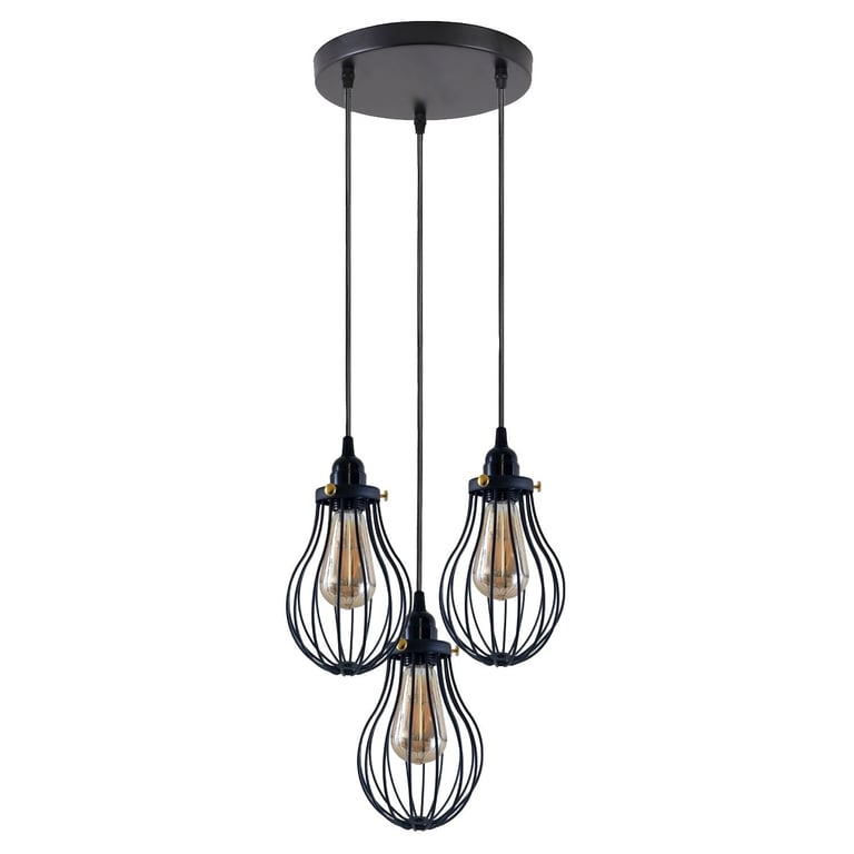 Black Cage Pendant Light - Industrial Style E27 Lamp Base with Adjustable Cable Length