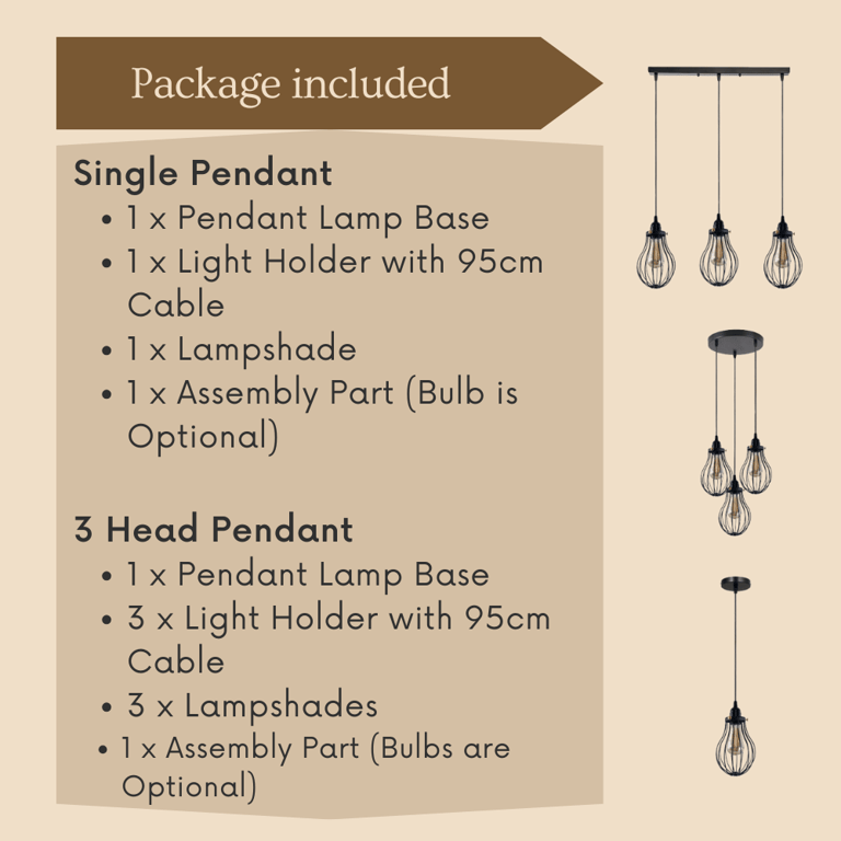 Black Cage Pendant Light E27 - Modern Industrial Kitchen Lighting