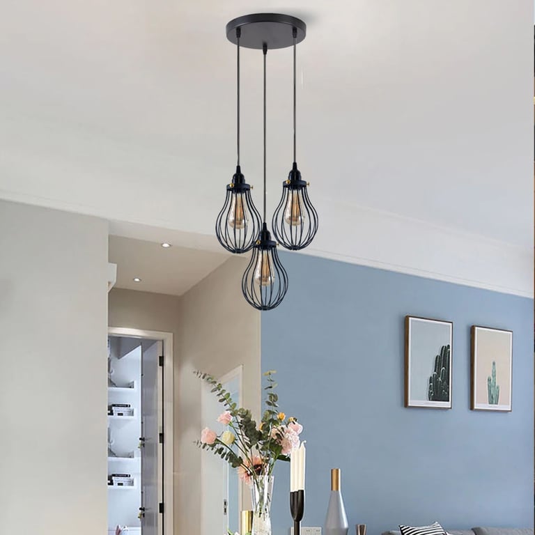Black Cage Pendant Light E27 - Modern Industrial Kitchen Lighting