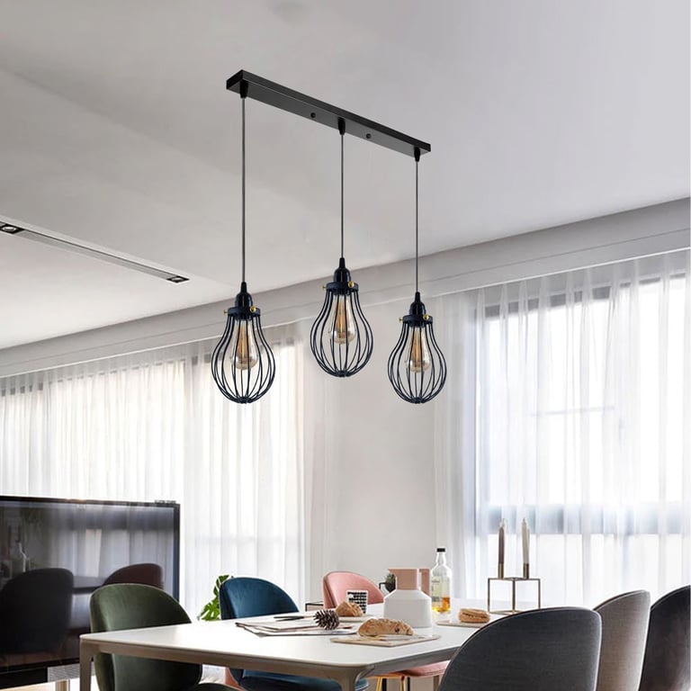Black Cage Pendant Light E27 - Modern Industrial Kitchen Lighting