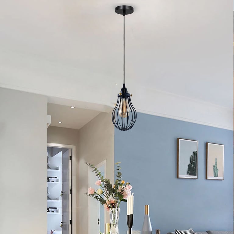 Black Cage Pendant Light E27 - Modern Industrial Kitchen Lighting