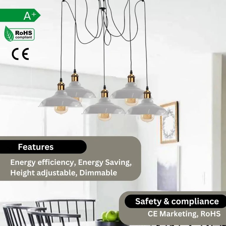Retro Vintage 5-Way Ceiling Pendant Lamp Metal Curvy Shade E27 Bulb Compatible Home Decor Lighting