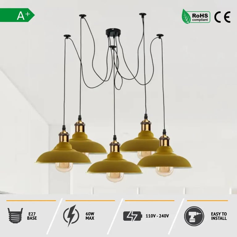Retro Vintage 5-Way Ceiling Pendant Lamp Metal Curvy Shade E27 Bulb Compatible Home Decor Lighting