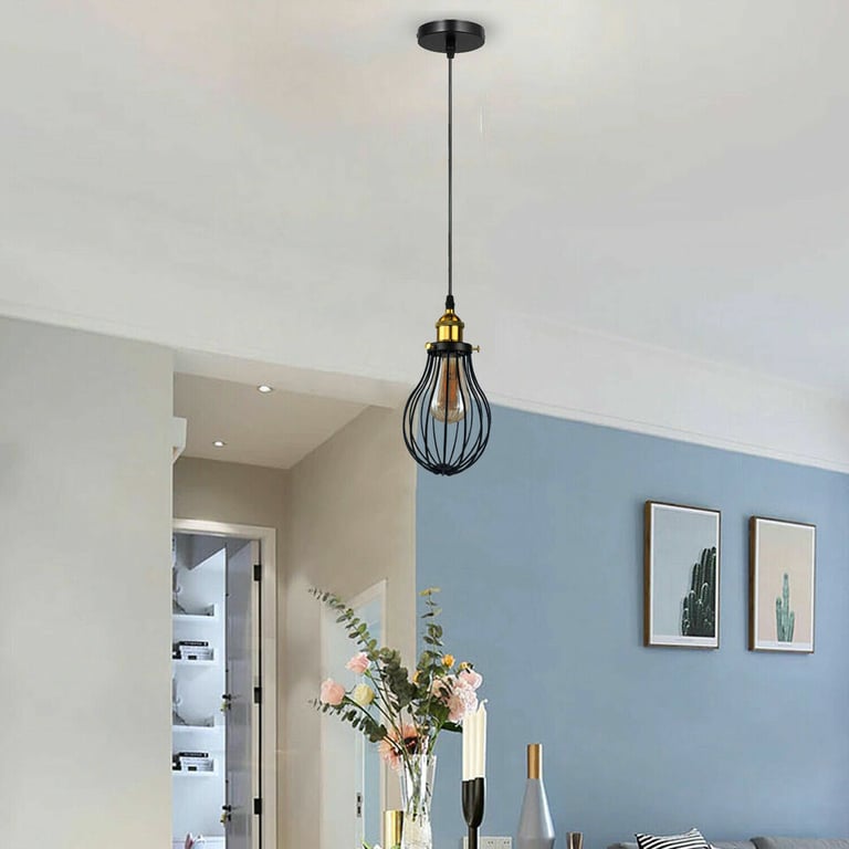Modern Vintage Industrial Black Metal Wire Cage E27 Pendant Light Fixture