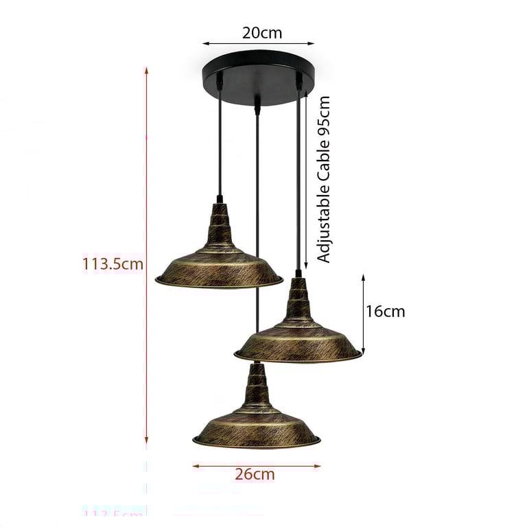 Brushed Brass 3-Light Pendant Set - Retro Home Decor Lighting Fixture E27 Compatible