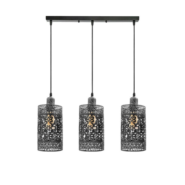 Industrial Modern 3 Way Brushed Silver Cage Pendant Light - E27 Dimmable Lighting Fixture