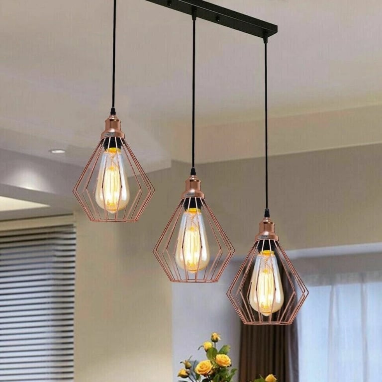 Linear Cage Pendant Light Fixture - 3-Light Industrial Rose Gold & Black Metal Hanging Light