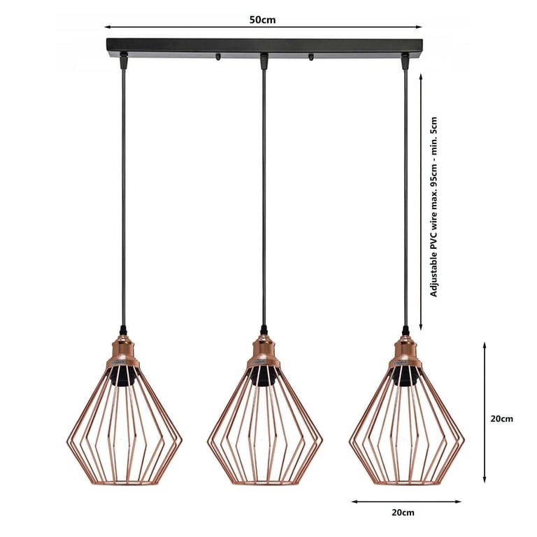 Linear Cage Pendant Light Fixture - 3-Light Industrial Rose Gold & Black Metal Hanging Light