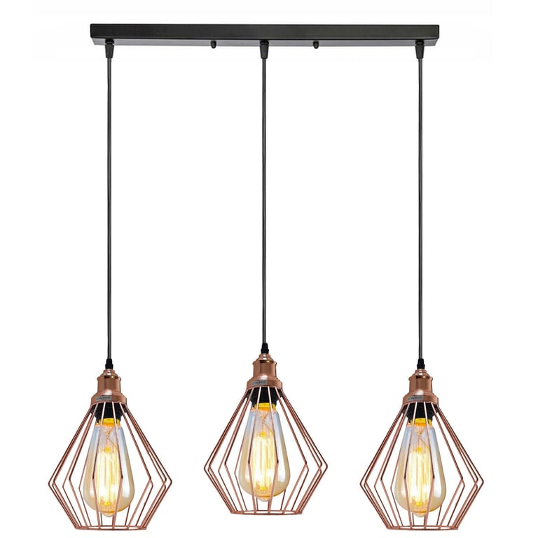 Linear Cage Pendant Light Fixture - 3-Light Industrial Rose Gold & Black Metal Hanging Light