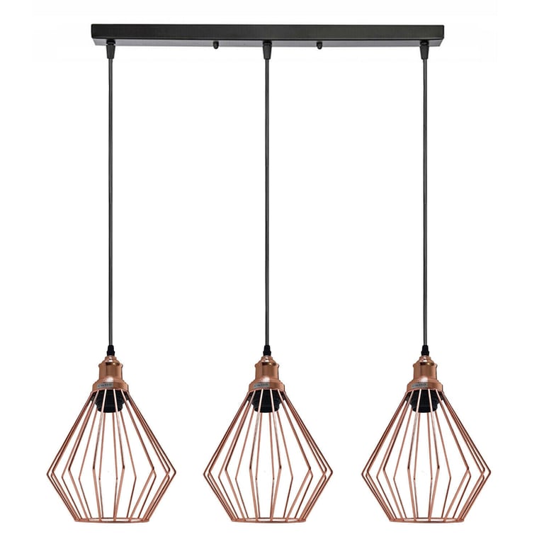 Linear Cage Pendant Light Fixture - 3-Light Industrial Rose Gold & Black Metal Hanging Light