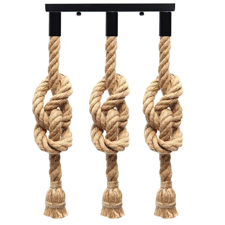 Vintage Industrial Hemp Rope 3-Head Cluster Pendant Light Lamp - Rustic Loft Style Lighting