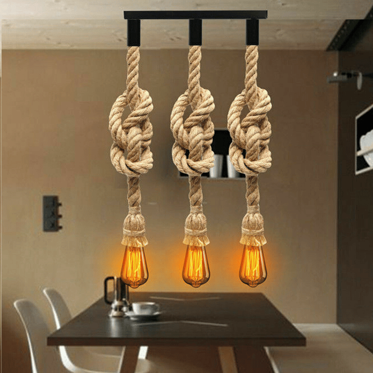 Vintage Industrial Hemp Rope 3-Head Cluster Pendant Light Lamp - Rustic Loft Style Lighting