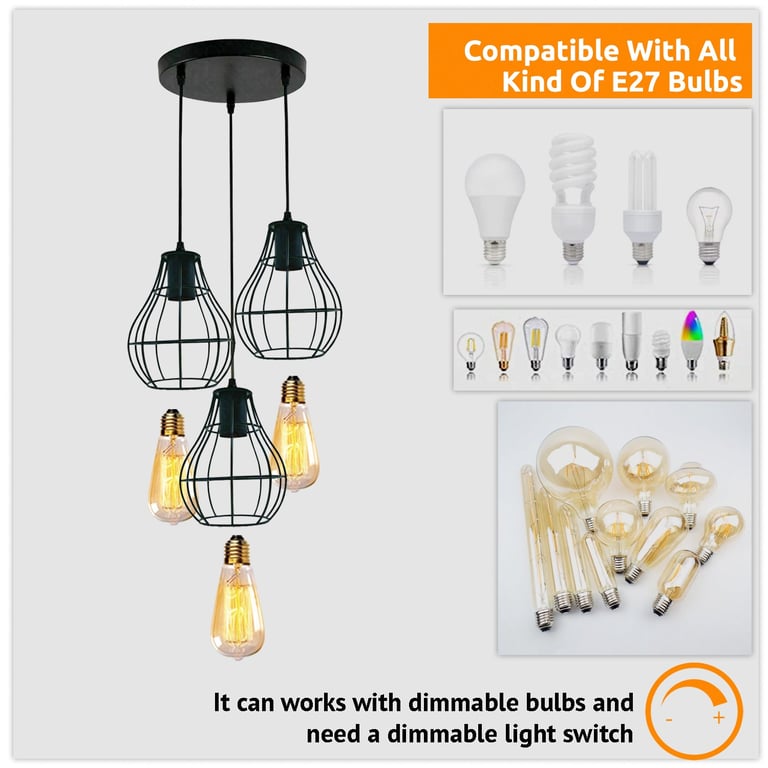 Industrial Vintage Retro Black Metal 3-Way Dimmable Pendant Light Fixture
