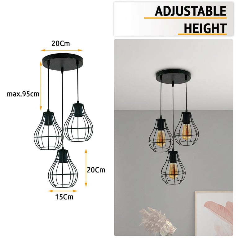 Industrial Vintage Retro Black Metal 3-Way Dimmable Pendant Light Fixture