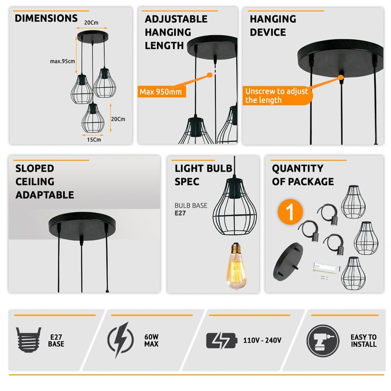 Industrial Vintage Retro Black Metal 3-Way Dimmable Pendant Light Fixture