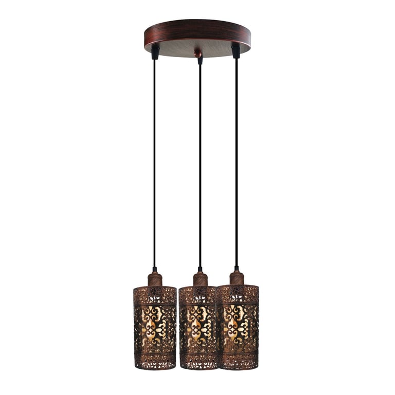 Metal Barrel Cage 3 Head Dimmable Pendant Light in Rustic Red - Vintage Retro Design