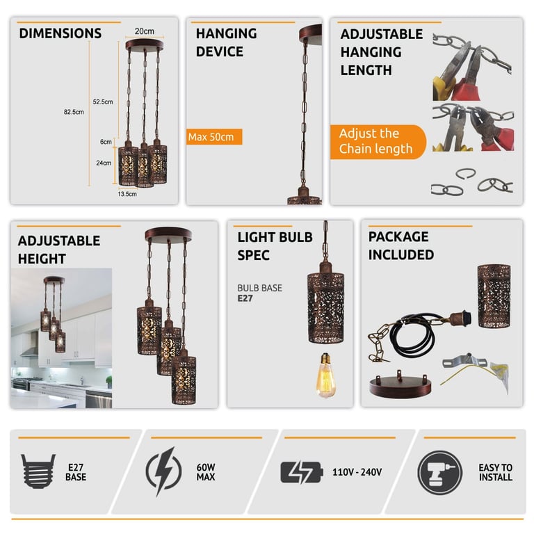 Retro Metal Barrel Cage 3 Way Dimmable Pendant Light Fixture