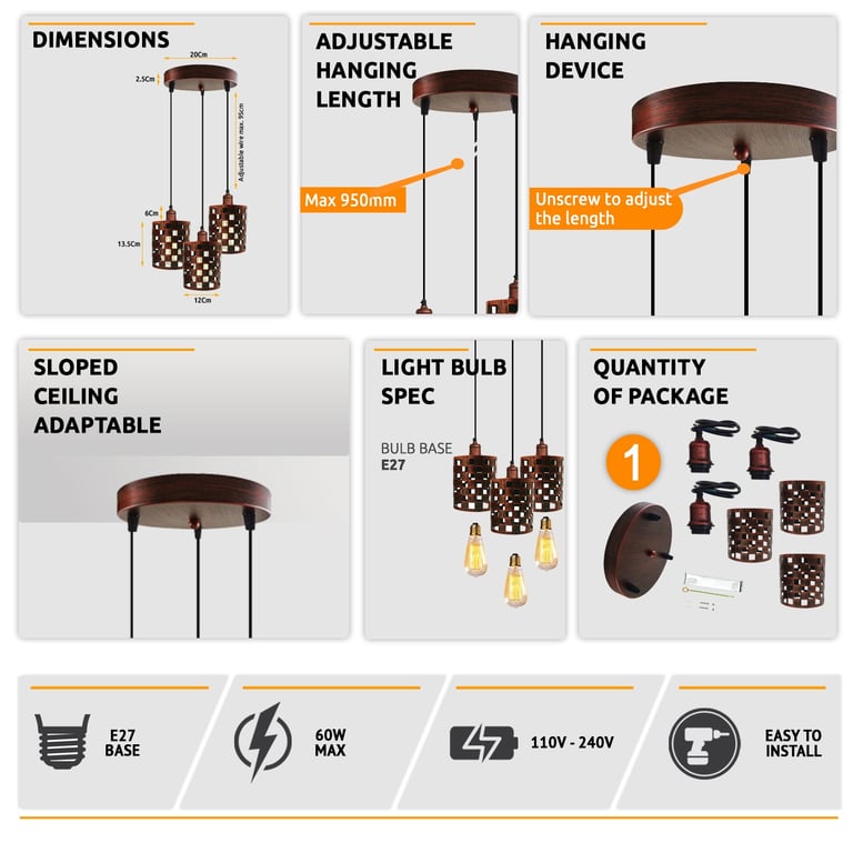Industrial Vintage Retro 3-Way Cage Pendant Light - E27 Bulb Compatible and Dimmable