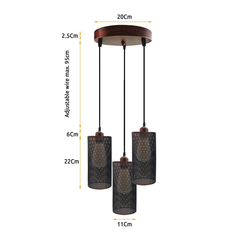 Retro 3 Way Round Ceiling Cage Pendant Light E27 Holder - Dimmable Vintage Lighting Fixture