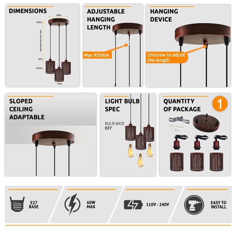 Industrial Vintage Retro 3-Way Dimmable Metal Barrel Cage Pendant Light