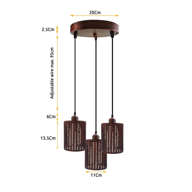 Industrial Vintage Retro 3 Way Dimmable Pendant Light - Rustic Red Metal Cage