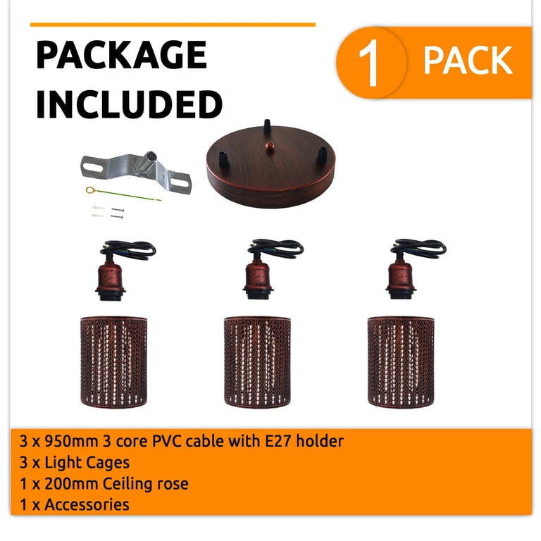 Industrial Vintage Retro 3 Way Dimmable Pendant Light - Rustic Red Metal Cage