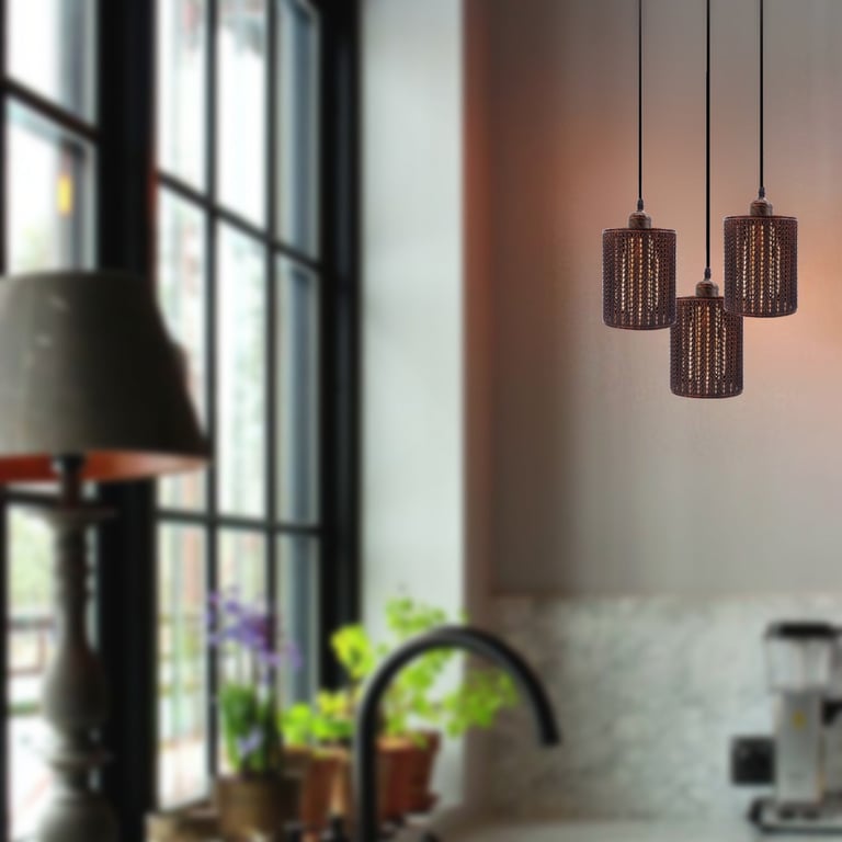 Industrial Vintage Retro 3 Way Dimmable Pendant Light - Rustic Red Metal Cage