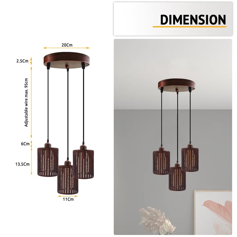 Industrial Vintage Retro 3 Way Dimmable Pendant Light - Rustic Red Metal Cage