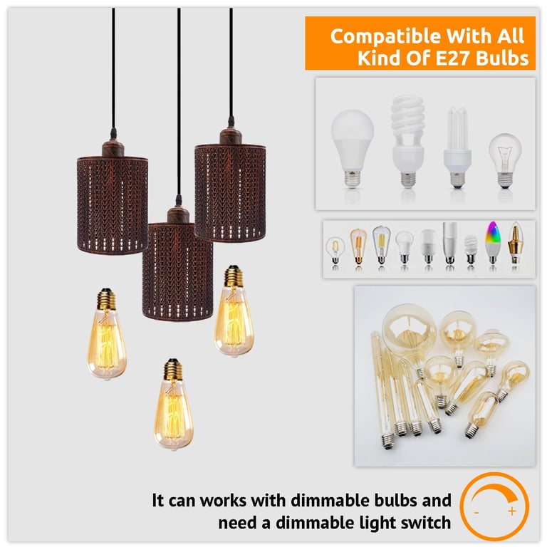 Industrial Vintage Retro 3 Way Dimmable Pendant Light - Rustic Red Metal Cage