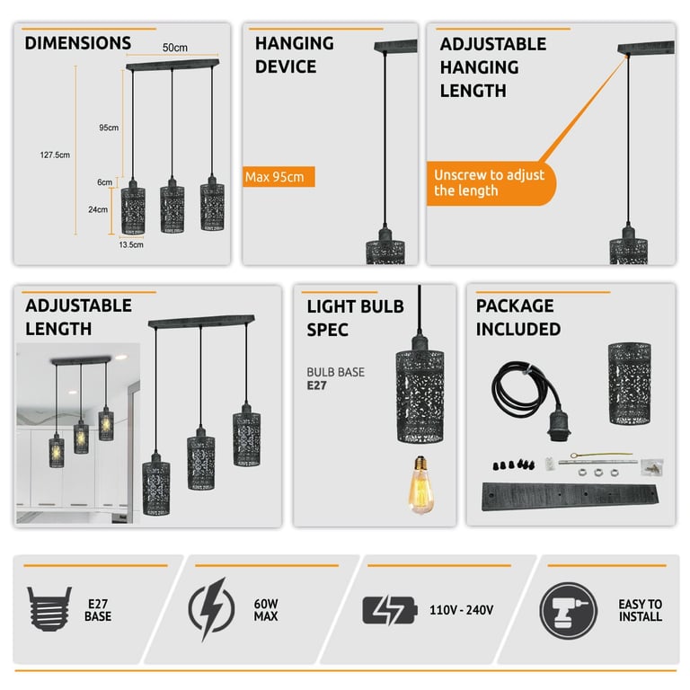 Industrial Vintage 3 Way Dimmable Pendant Light - Brushed Finish & Retro Style