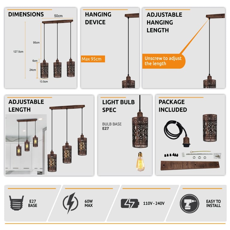 Industrial Vintage 3 Way Dimmable Pendant Light - Brushed Finish & Retro Style