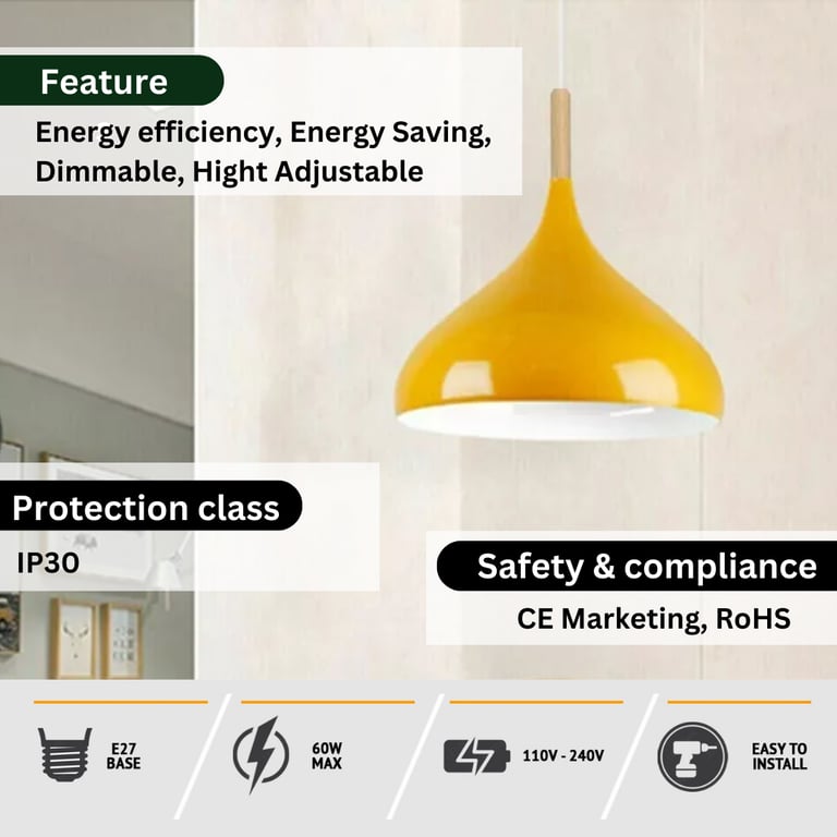 Industrial Metal Vintage Pendant Light - Warm Yellow Hanging Kitchen Ceiling Fixture