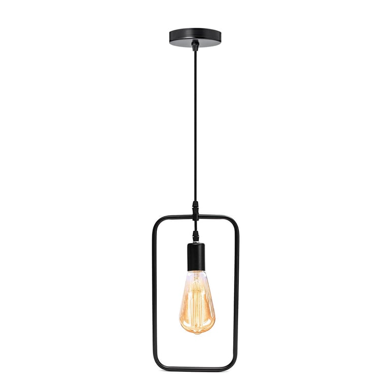 Rectangle Wire Lampshade Ceiling Vintage Pendant Light - Industrial Chic E27 Socket Fixture with Black Fabric Covered Wire