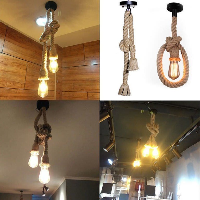 Vintage Hemp Rope Pendant Light - Adjustable E27 Bulb Compatible Rustic Lighting Fixture