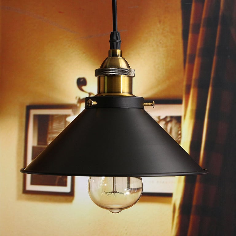 Modern Matt Black Bedroom Light Shade - Industrial Pendant Lighting with Gold Accents and E27 Lamp Holder