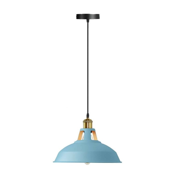 Industrial Blue Retro Loft Metal Hanging Vintage Ceiling Lampshade - E27 Compatible Pendant Light with Black Fabric Wire and Round Color In Blue Canopy.