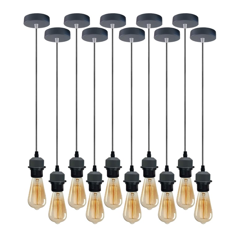 Grey Pendant Light Holder - Vintage Retro E27 Dimmable Lamp Kit